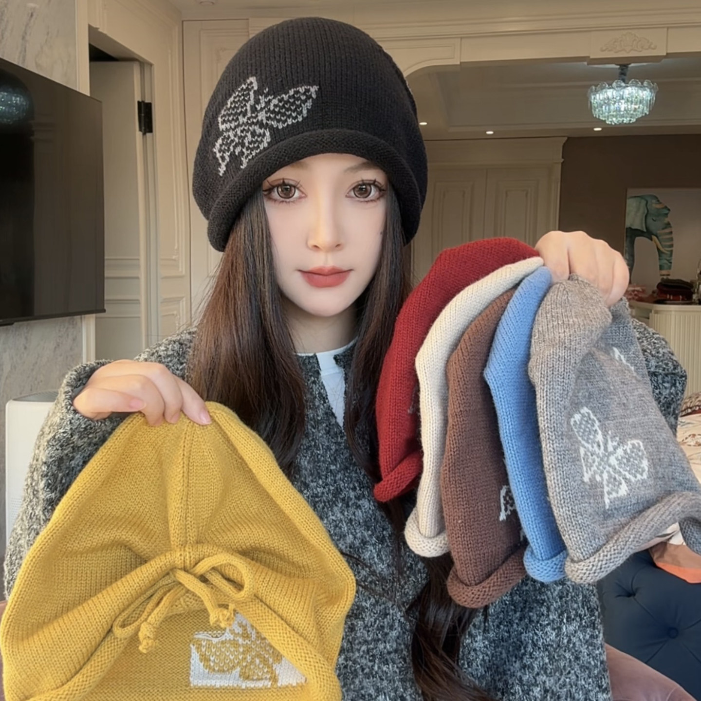 韩系抽绳蝴蝶结卷边堆堆帽女秋冬