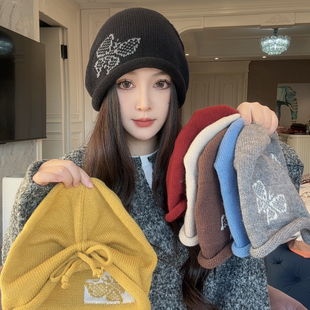 韩系抽绳蝴蝶结卷边堆堆帽子女秋冬季新款保暖防风冷帽百搭包头帽
