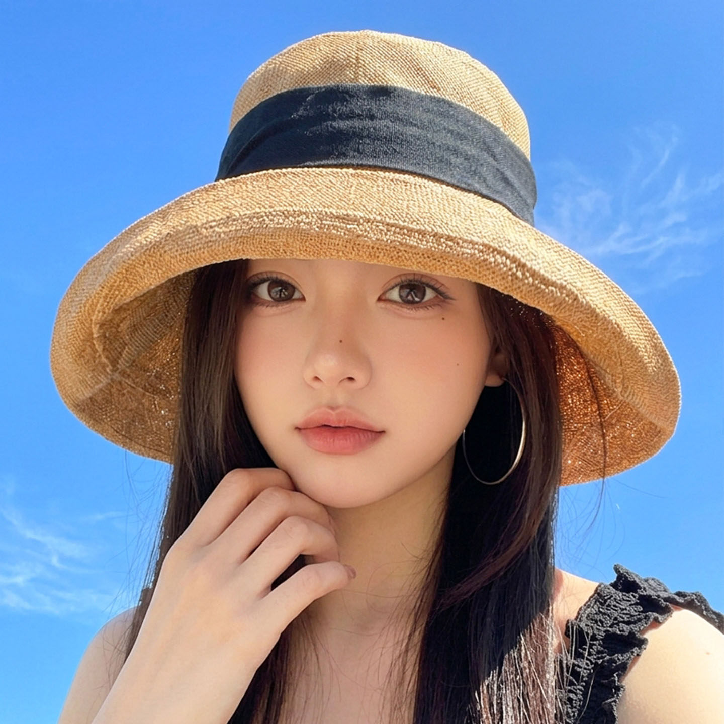日系老钱风棉麻大檐防晒渔夫帽