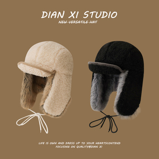 羊羔绒系带雷锋帽子女冬季户外骑行加绒加厚保暖大头围护耳帽男款