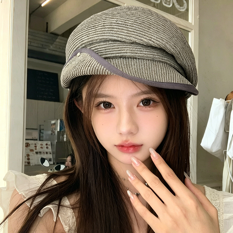 日本设计师草编贝雷帽女夏季新款显脸小报童帽老钱风翻檐鸭舌帽子