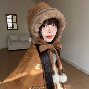 日系复古麂皮绒双面戴渔夫帽子女款冬季大头围加绒保暖护耳雷锋帽