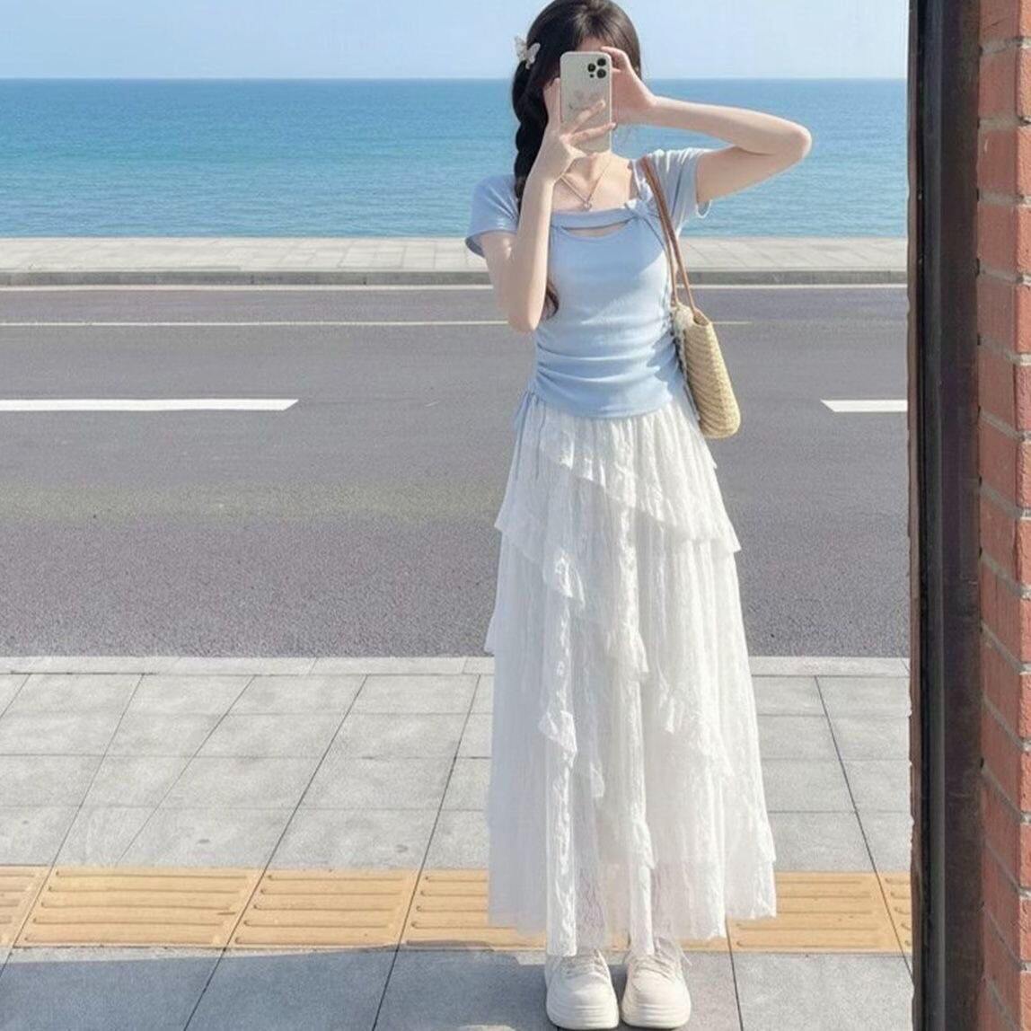 氛围感甜美穿搭海边蕾丝