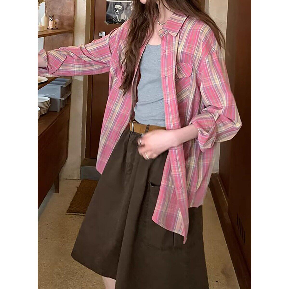 粉色格子长袖衬衫女春夏