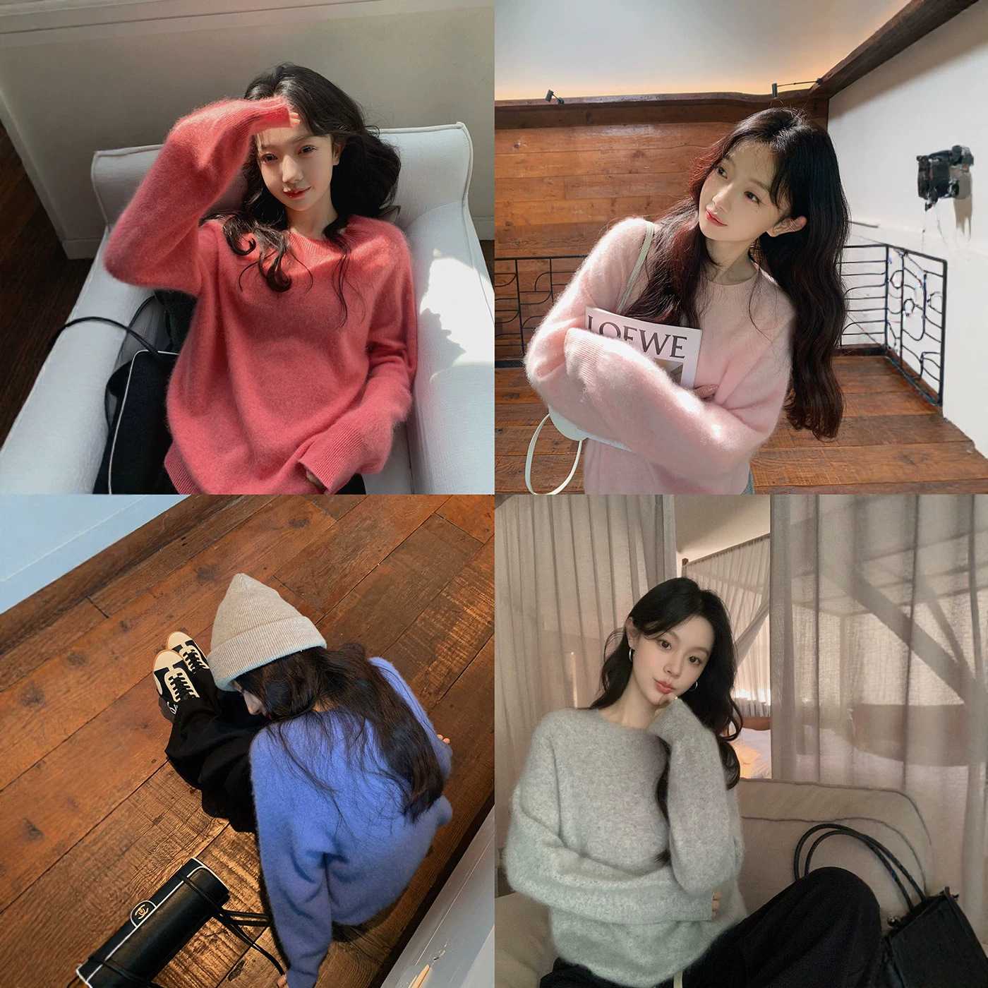 港米服饰/秋冬温柔风毛衣女套头奶系穿搭甜美上衣宽松圆领针织衫
