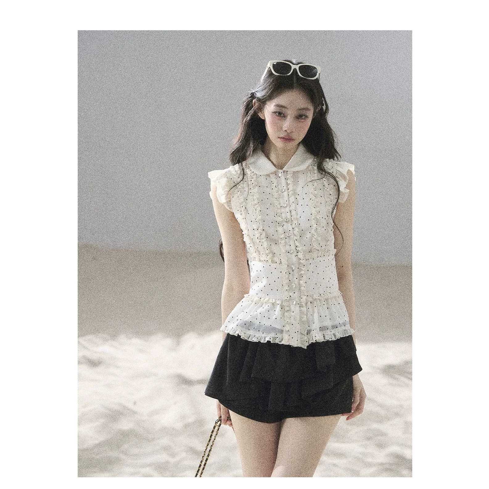 AOMALM少也眼"少女的旅途"木耳边法式波点雪纺衬衫女夏polo领上衣