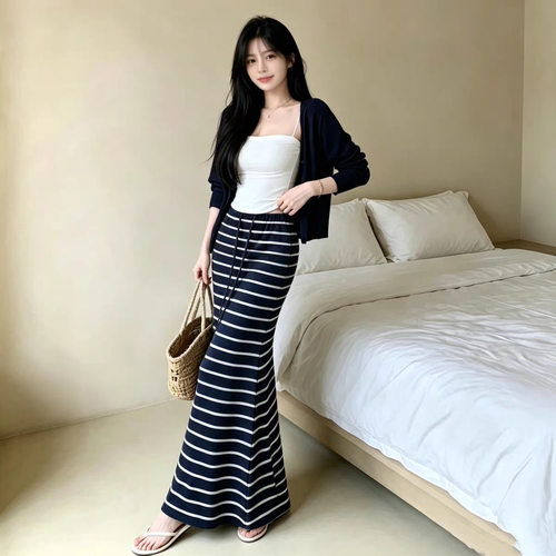 长袖开衫吊带内搭女春夏秋季纯欲风休闲套装高腰条纹中长裙三件套