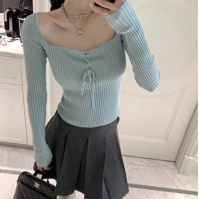 Nanaimo酱纯欲甜美仿兔绒绑带针织衫女冰蓝色方领修身显瘦上衣