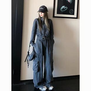 美式复古运动服套装女秋季宽松显瘦时尚炸街卫衣工装裤休闲两件套