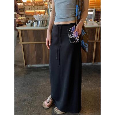 覆古黑色直筒针织半身裙女2025新款早秋松紧腰显瘦半裙包臀a字裙