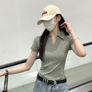 显瘦设计感鱼骨收腰短款 纯色正肩短袖 辣妹修身 t恤女夏季 上衣 美式