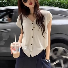 韩系杏色V领小飞袖针织开衫上衣女夏季薄纱短款小个子冰丝短袖t恤