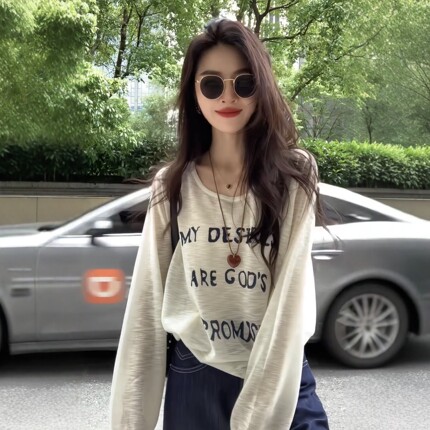 巨好看的防晒罩衫女夏季薄款字母印花慵懒松弛感宽松长袖T恤上衣