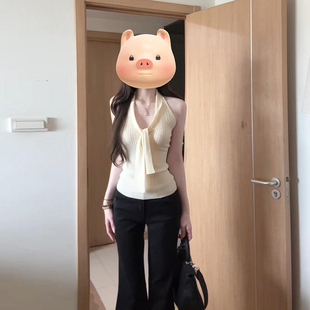 無袖 韓系純欲風(fēng)系帶v領(lǐng)掛脖吊帶背心女夏季 外穿后背蕾絲拼接上衣