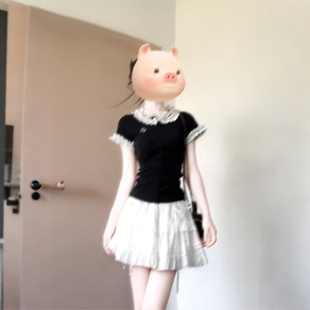 波点拼接圆领黑色正肩针织短袖 上衣 t恤女夏季 高级感独特绝美修身