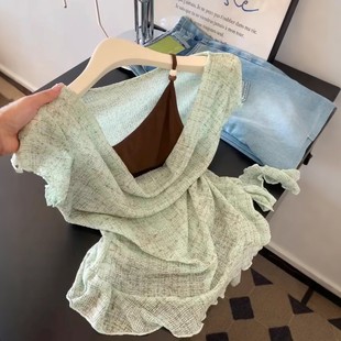 T恤女夏季 薄荷绿假两件针织短袖 波西米亚风撞色收腰绑带显瘦上衣