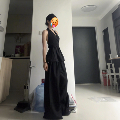 法式交叉绑带收腰黑色背心吊带