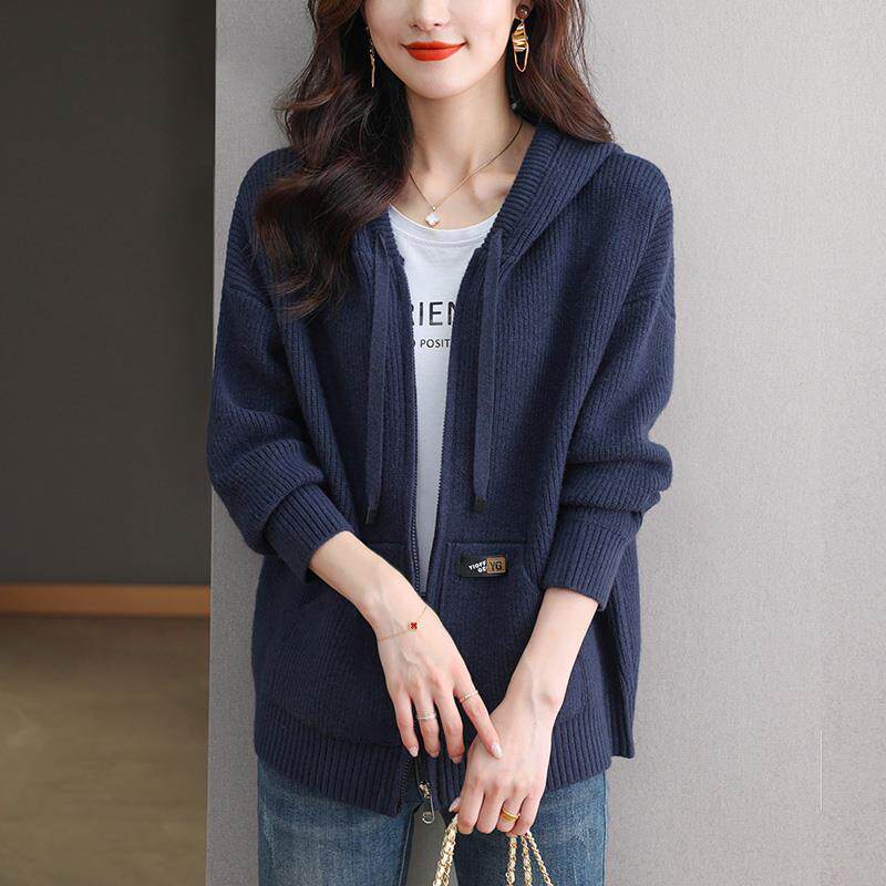 MONLOUVE胖mm春秋大码卫衣女宽松200斤针织开衫高端别致连帽毛衣