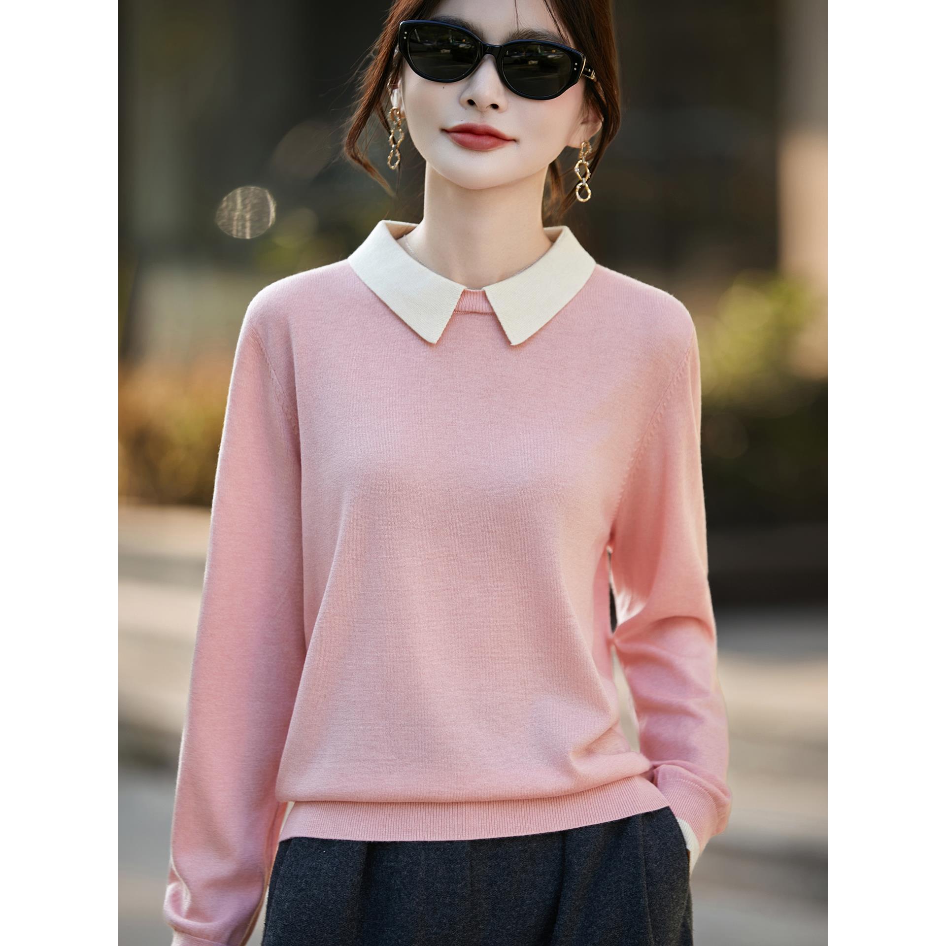 MONLOUVEPOLO领韩式撞色毛针织衫女新款假两件套头长袖上衣保暖打