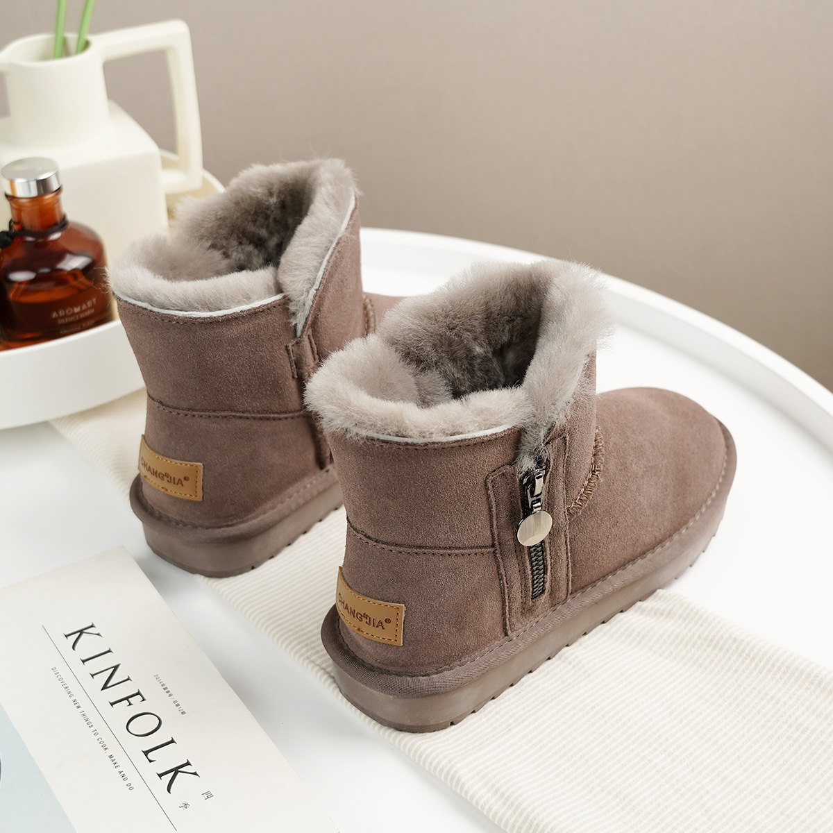 真皮侧拉链雪地靴短筒冬保暖棉鞋