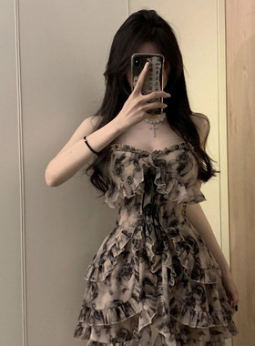 温柔风水墨碎花吊带洋装子女收腰气质性感纯欲辣妹a字短裙夏季
