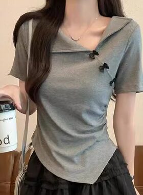 短袖正肩T恤女夏季显瘦修身不规则小众设计感独特漂亮掐腰小上衣