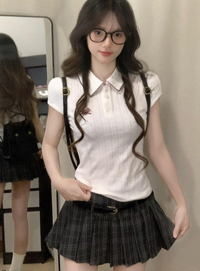 夏季修身短袖Polo领上衣女新款小个子辣妹风格子百褶短裙两件式套