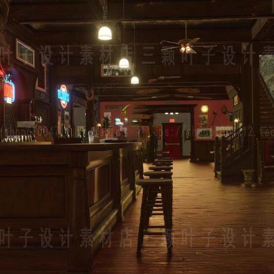 blender欧美复古风酒吧3D模型 吧台座椅灯光楼梯室内场景素材