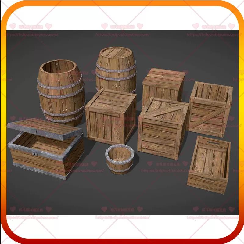 次世代游戏 卡通箱子木箱木桶木盆3D模型 PBR材质 3dmax obj fbx