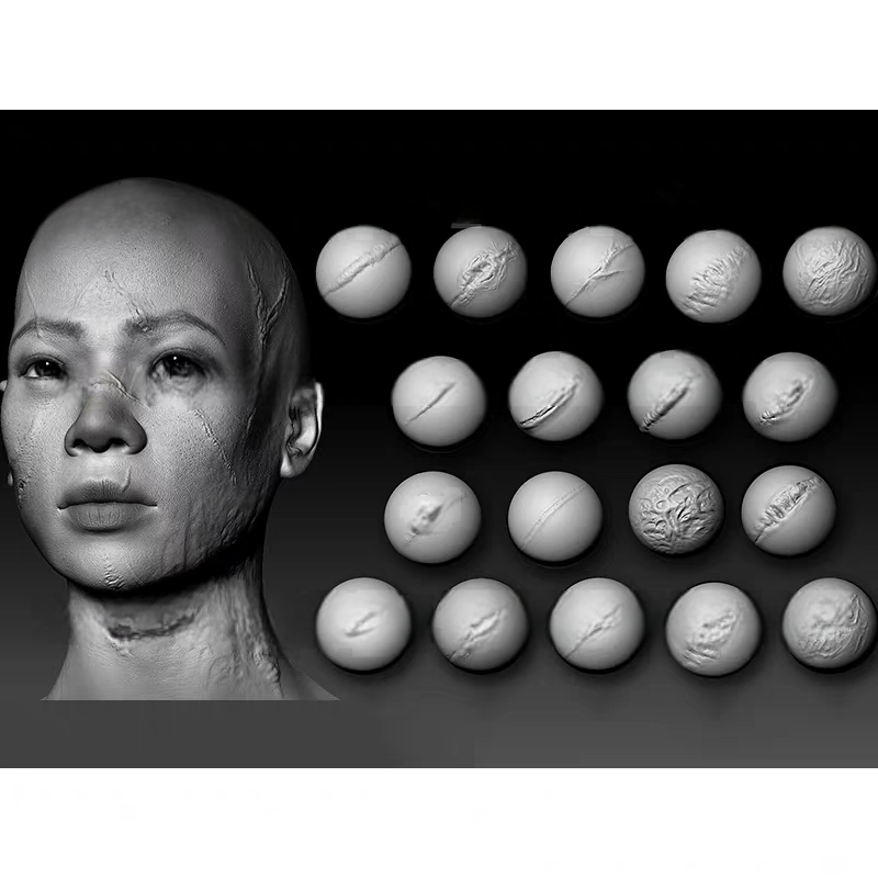 zbrush写实风格疤痕烧伤纹理笔刷 伤口瘢痕疙瘩烧伤 雕刻