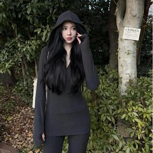 黑灰色高级感收腰修身显瘦连帽女春秋高腰遮肉瑜伽运动裤一整套装