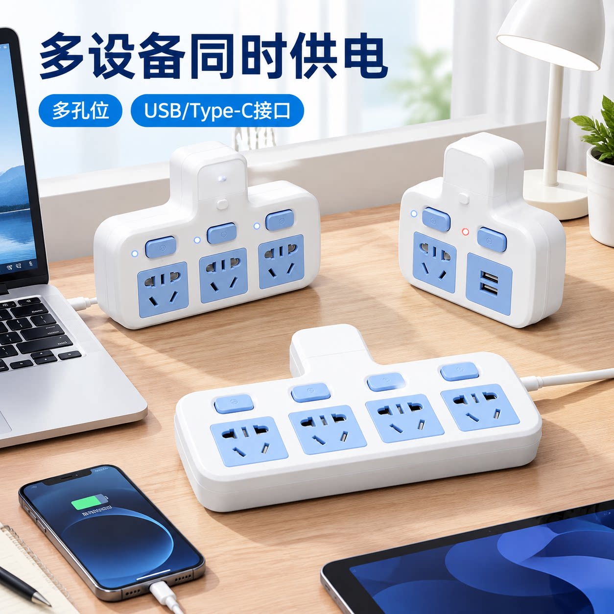 官方正品公矢无线分控插排多孔位转换插头带夜灯家用卧室桌面排插
