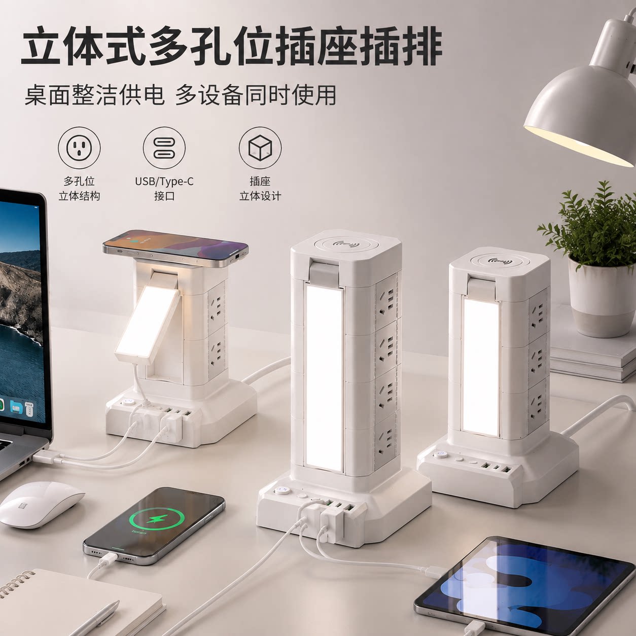 官方正品公矢立体多孔位插座面板USB插排带开关桌面办公宿舍学生