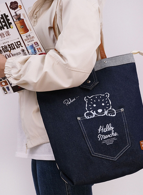 hello marche阿罗哈萌熊牛仔口袋单肩包休闲简约风托特包牛仔布