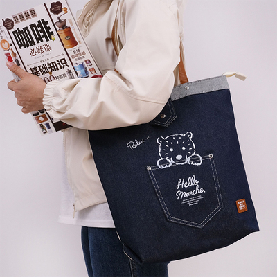 hello marche阿罗哈萌熊牛仔口袋单肩包休闲简约风托特包牛仔布
