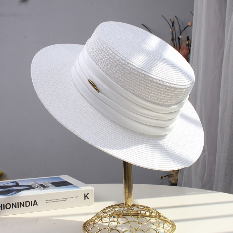 法式草帽女夏天海边遮阳防紫外线褶皱平沿帽女百搭太阳帽平顶帽子