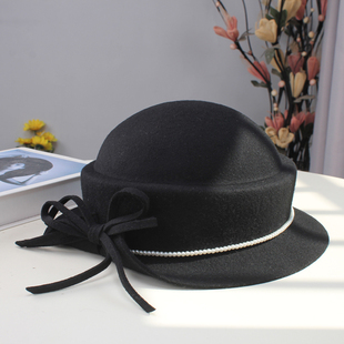 羊毛蝴蝶结小礼帽女生秋冬高级感气质千金帽黑色赫本风毛毡帽子