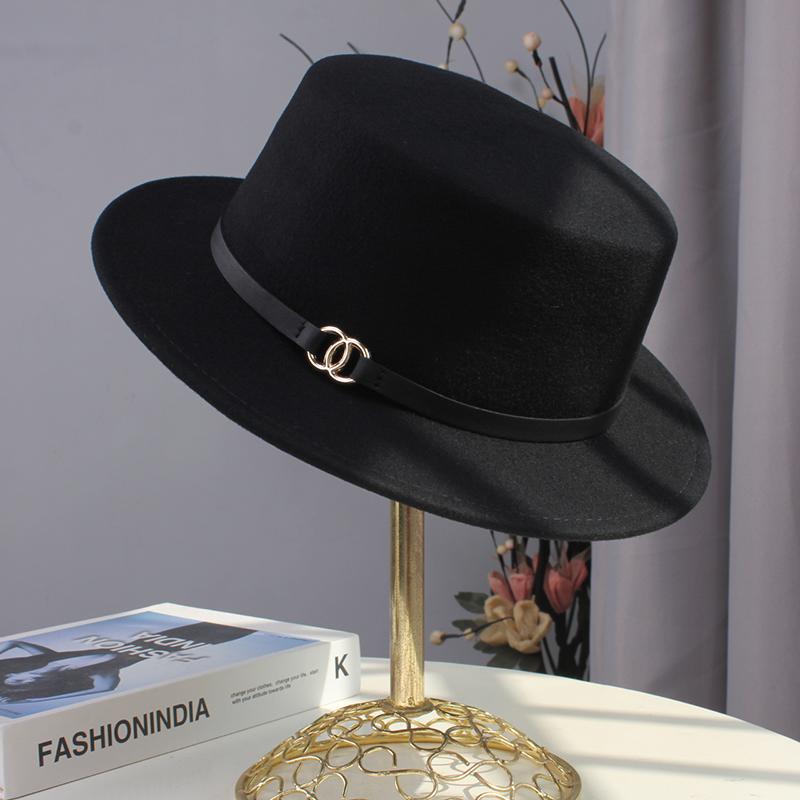 秋冬英伦欧美风皮带扣平顶帽男女法式复古平沿礼帽毛呢黑色爵士帽