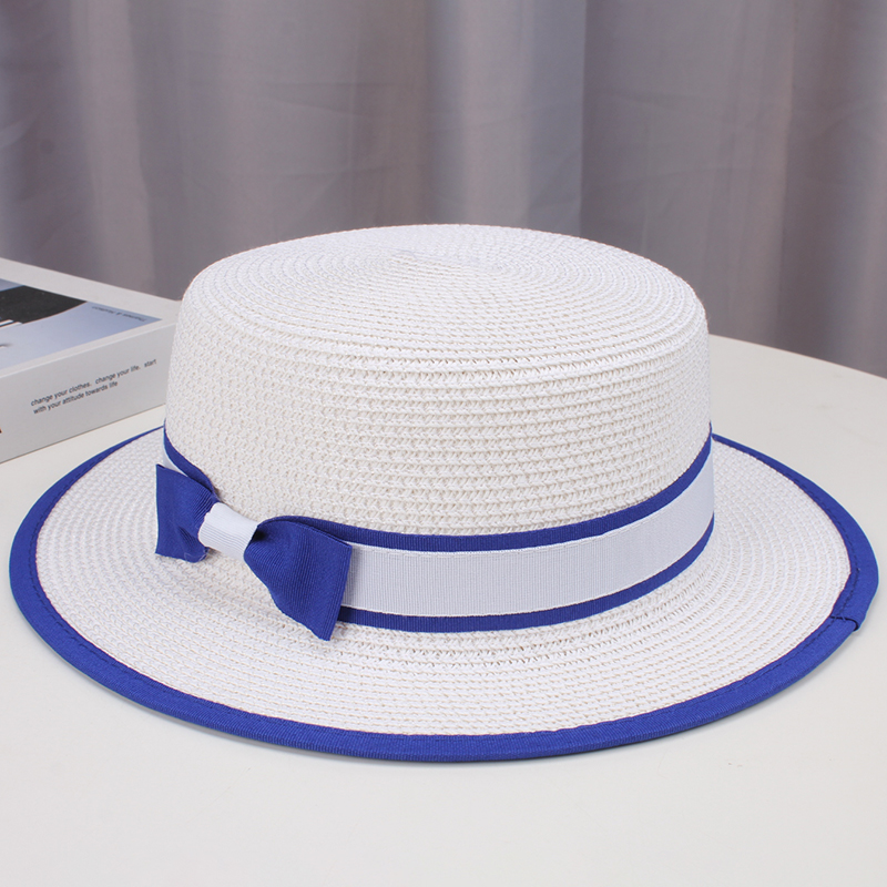 法式蝴蝶结草帽夏季遮阳礼帽海边白色平顶帽子太阳帽女士防晒凉帽