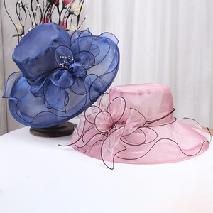 帽子女夏季欧根纱防晒遮阳帽大檐花朵太阳渔夫帽户外出游网纱凉帽