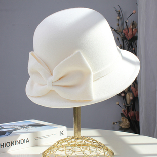 秋冬赫本风优雅毛呢盆帽法式复古圆顶优雅蝴蝶结白色礼帽英伦百搭