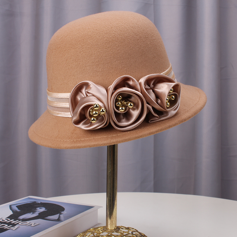 秋冬韩版百搭花朵盆帽毛呢赫本风保暖渔夫帽圆顶优雅小沿礼帽