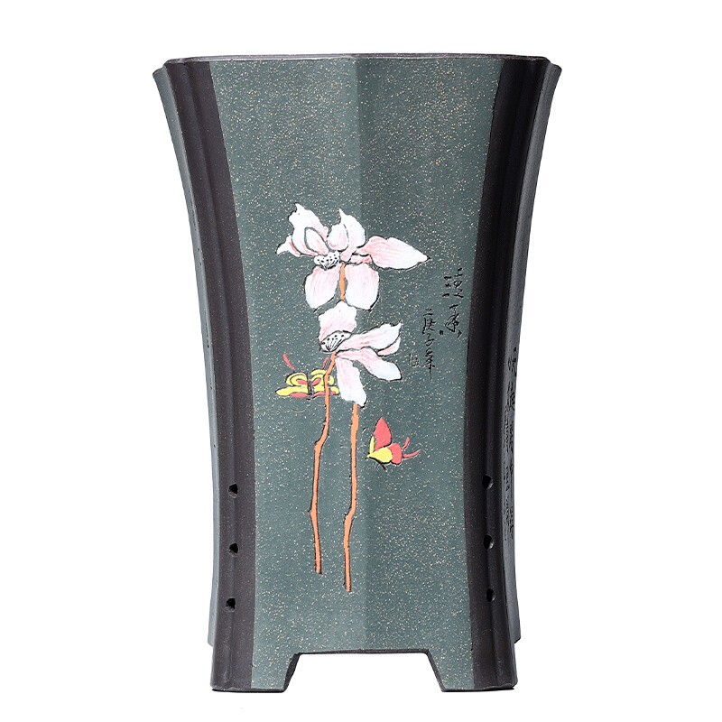 六方兰花盆紫砂刻绘宜兴四方吊兰精品悬崖客厅盆陶瓷促销桌面水泥