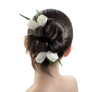 新中式花朵盘发丸子头假发女发包走秀婚纱新娘晨袍造型假发长辫子