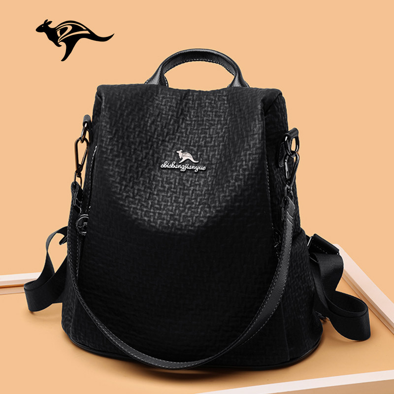 袋鼠真皮双肩包女2022新款时尚百搭妈妈防盗旅行包大容量软皮背包