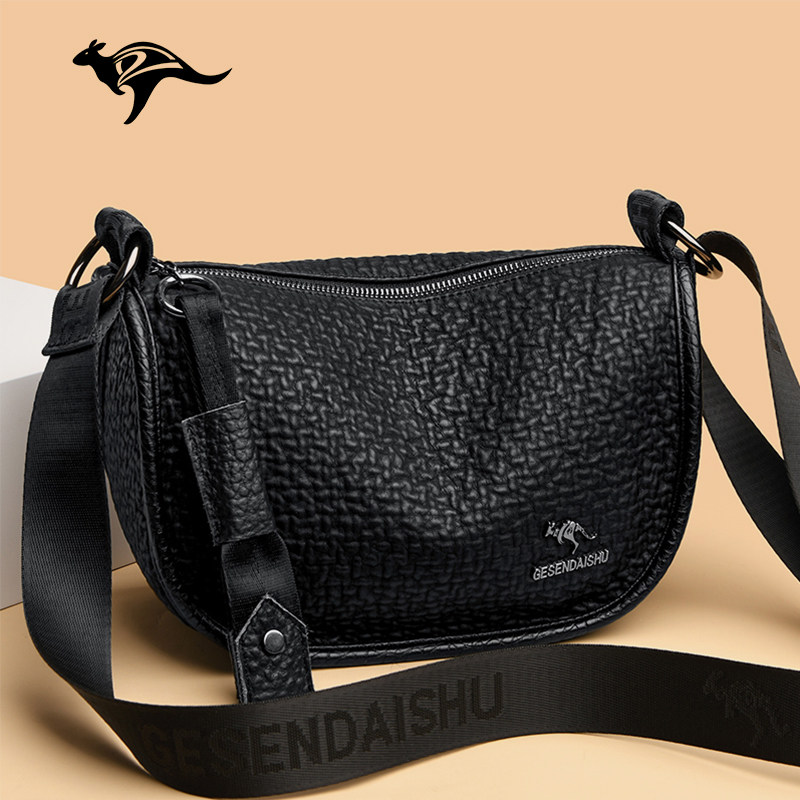 袋鼠真皮小包包女2025新款牛皮斜挎包时尚高级感单肩包宽带饺子包