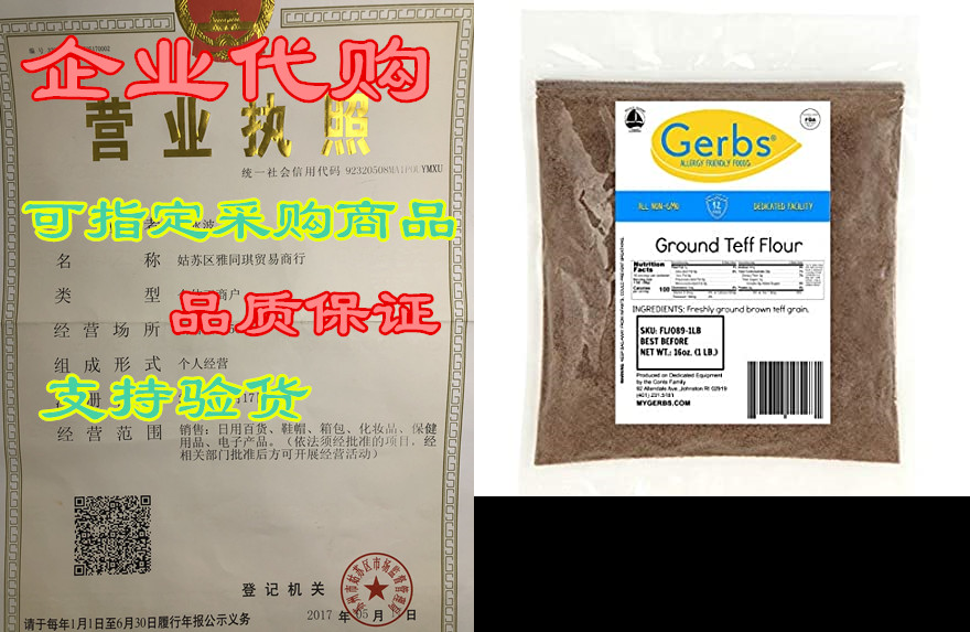 GERBS Teff Flour， 16 ounce Bag， Top 14 Food Allergen Free
