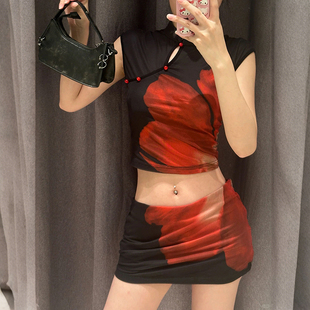 时髦半身裙套装 WEIRD 印花立领上衣女 复古国潮艺术感个性 潮 PUSS