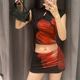 PUSS 复古国潮艺术感个性 印花立领上衣女 WEIRD 时髦半身裙套装 潮