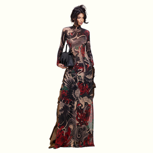 WEIRD PUSS 国风艺术感仙鹤印花长袖T恤女 复古时尚辣妹长款上衣